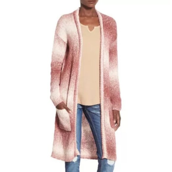 Sun & Shadow Longline Knit Pink Long Sleeve Ombre Open‎ Front Cardigan Sweater - Picture 1 of 11